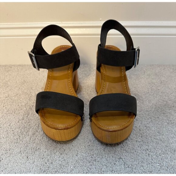 MIA Size 8 Black Strap Platform Sandals W/ Wood Block Heel & Adjustable Strap - Picture 3 of 14